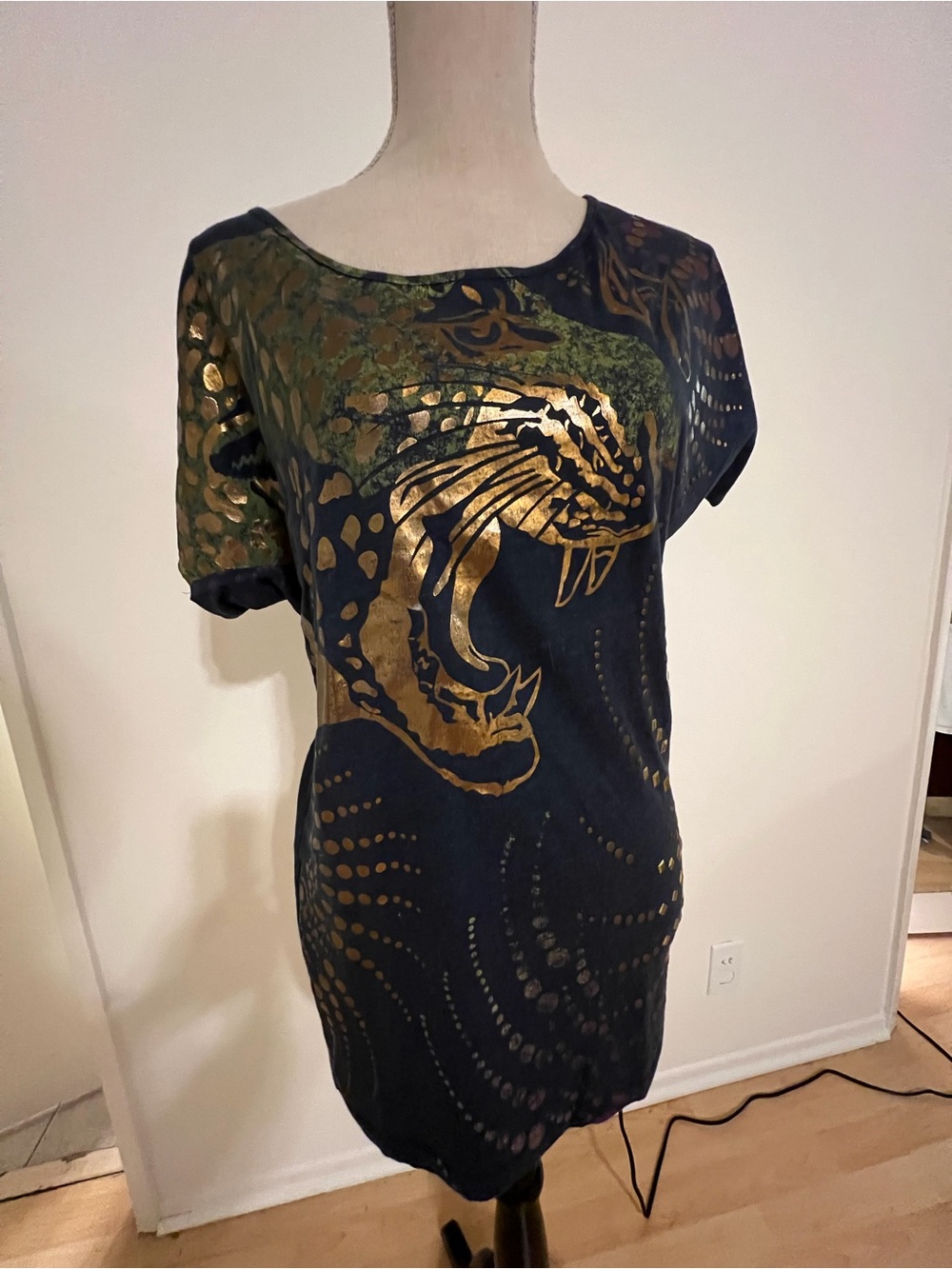Christian Audigier Black Top with Metallic Gold Tiger Motif
